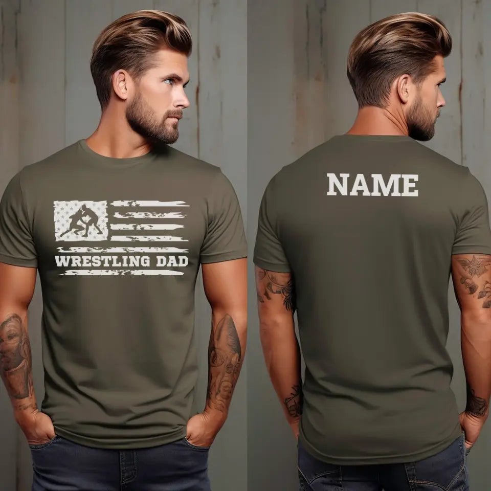 Wrestling Dad Horizontal Flag With Wrestler Name on a Men's T-Shirt with a White Graphic