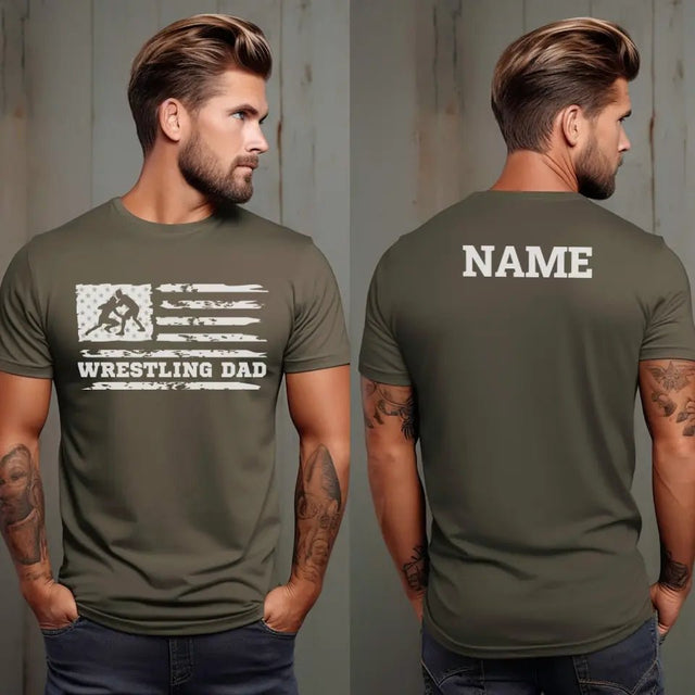 Wrestling Dad Horizontal Flag With Wrestler Name on a Men's T-Shirt with a White Graphic