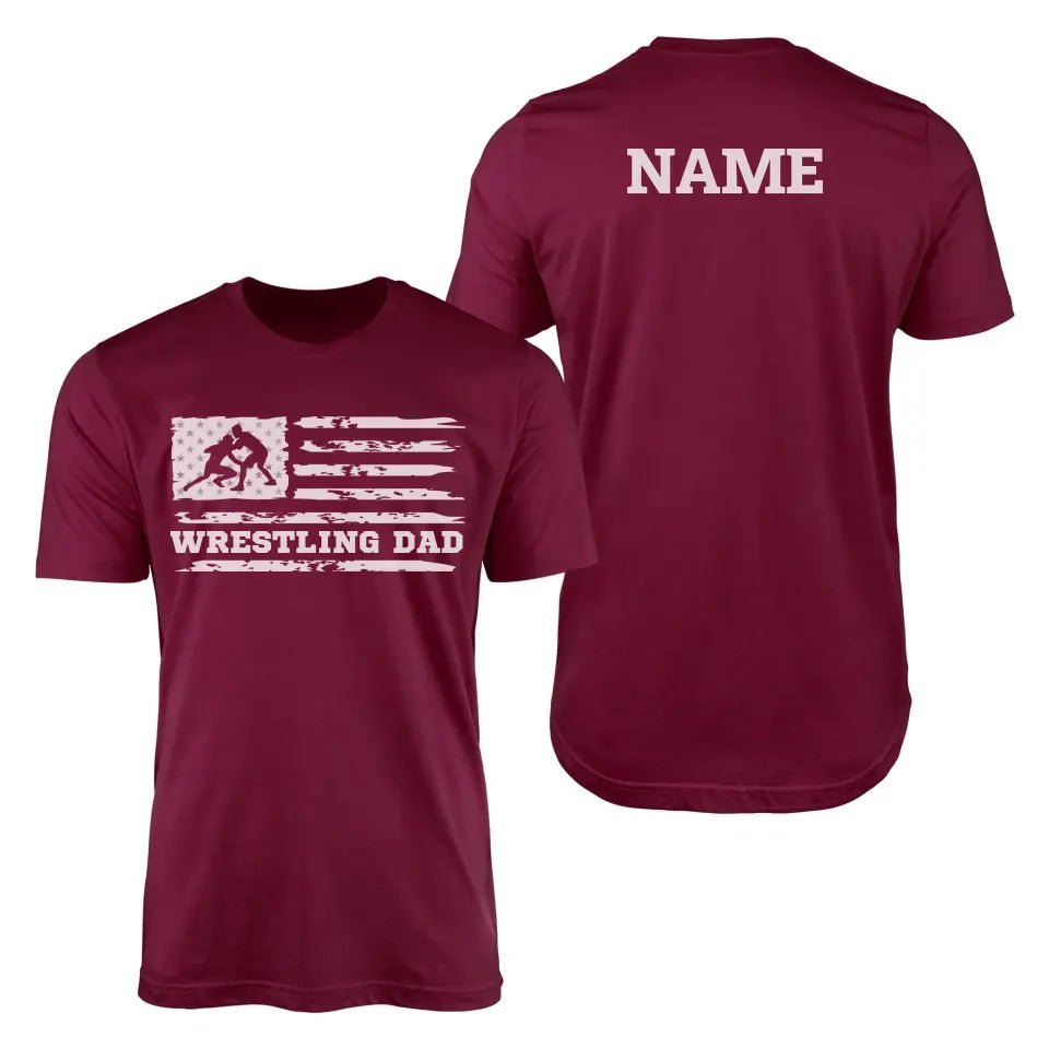 Wrestling Dad Horizontal Flag With Wrestler Name on a Men's T-Shirt with a White Graphic