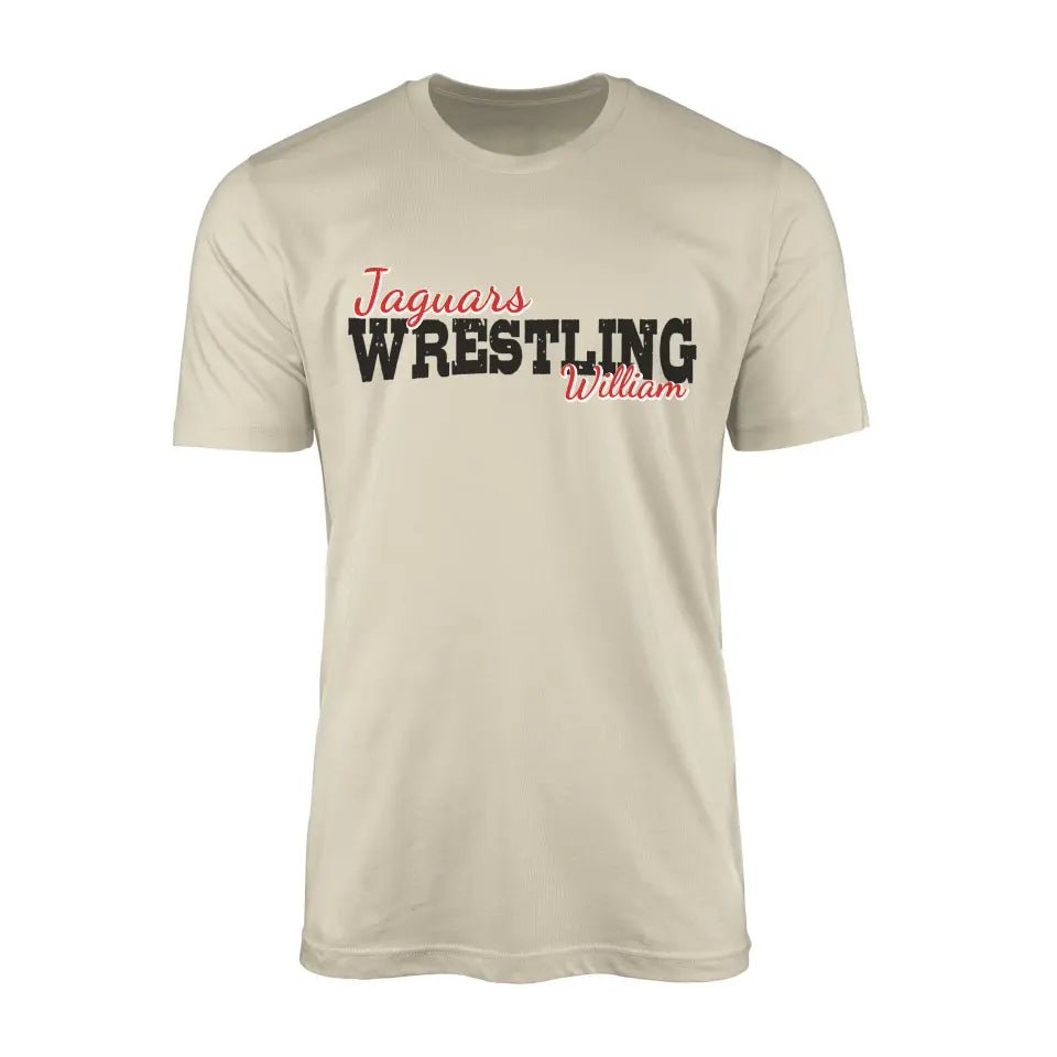 Custom Wrestling Mascot and Wrestler Name on a Men's T-Shirt with a Black Graphic