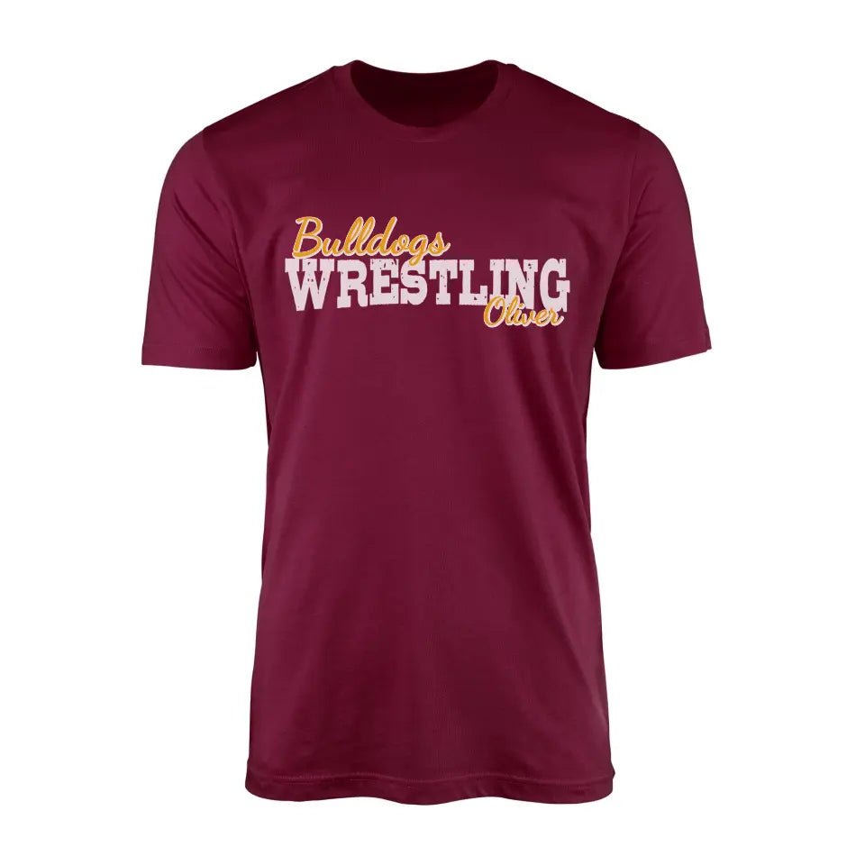 Custom Wrestling Mascot and Wrestler Name on a Men's T-Shirt with a White Graphic