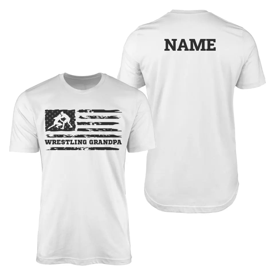 Wrestling Grandpa Horizontal Flag With Wrestler Name on a Men's T-Shirt with a Black Graphic