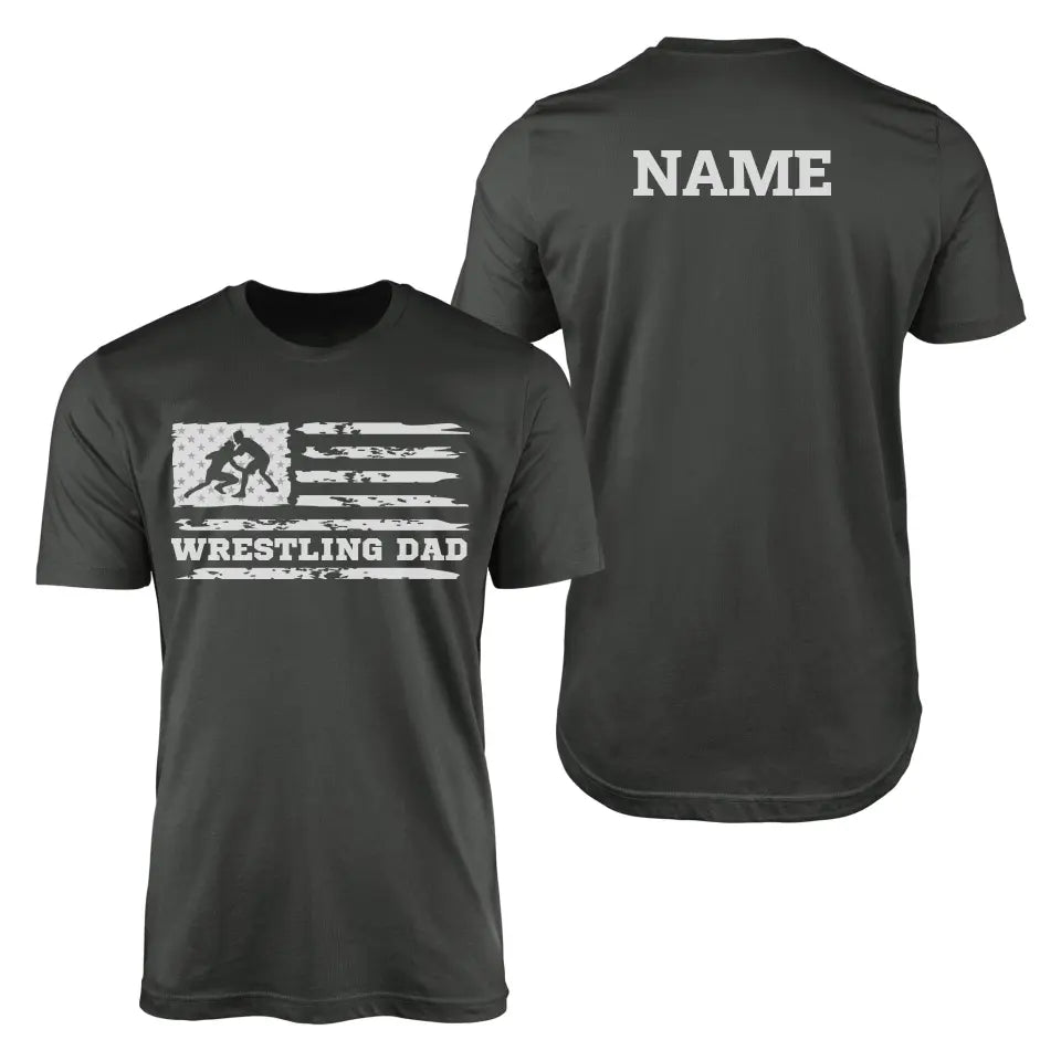 Wrestling Dad Horizontal Flag With Wrestler Name on a Men's T-Shirt with a White Graphic