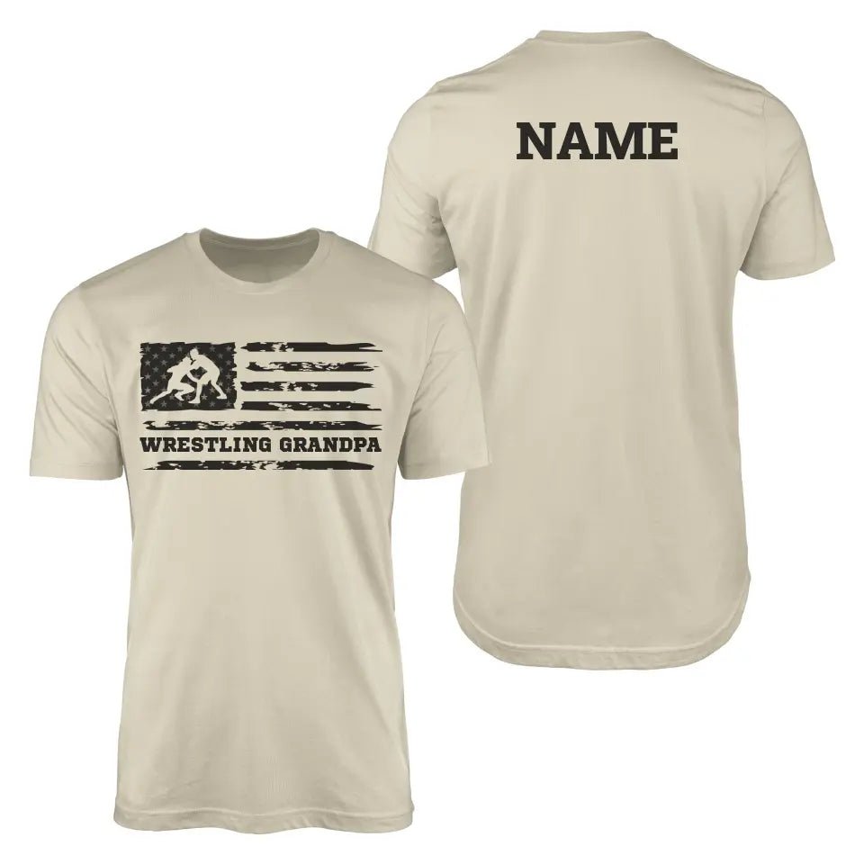 Wrestling Grandpa Horizontal Flag With Wrestler Name on a Men's T-Shirt with a Black Graphic