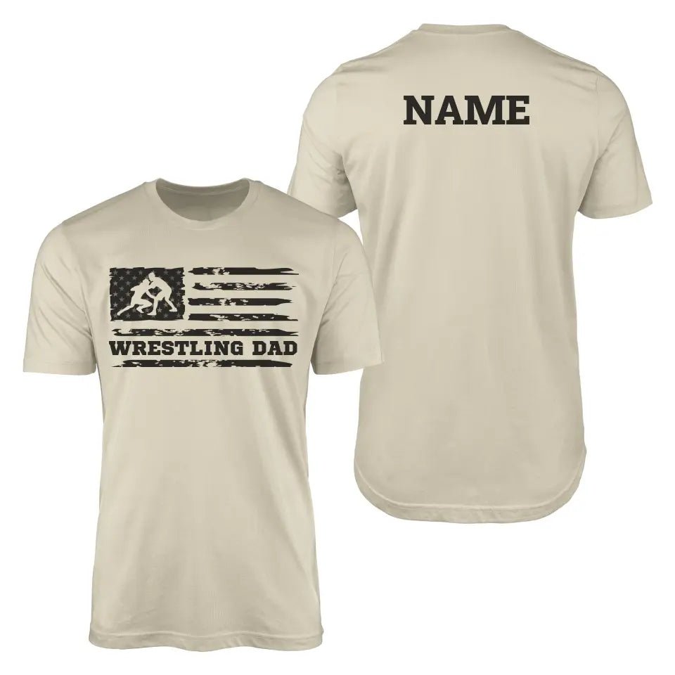 Wrestling Dad Horizontal Flag With Wrestler Name on a Men's T-Shirt with a Black Graphic