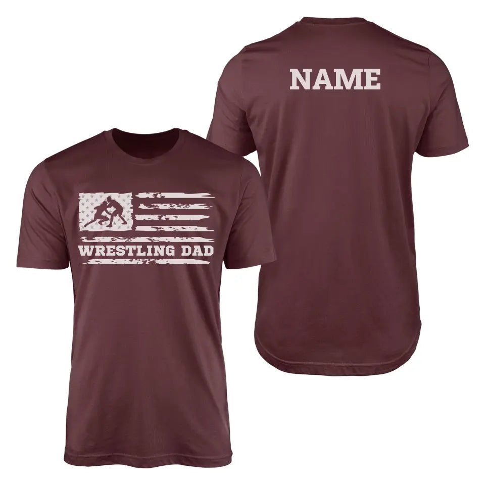 Wrestling Dad Horizontal Flag With Wrestler Name on a Men's T-Shirt with a White Graphic