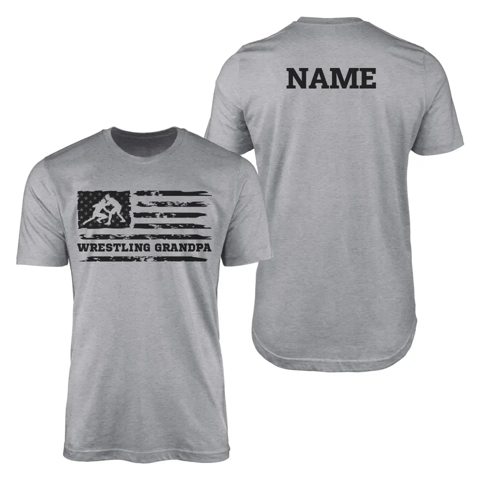Wrestling Grandpa Horizontal Flag With Wrestler Name on a Men's T-Shirt with a Black Graphic