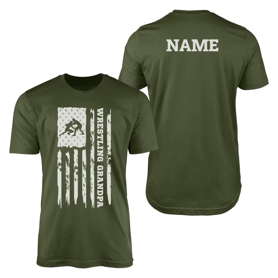 Wrestling Grandpa Vertical Flag With Wrestler Name on a Men's T-Shirt with a White Graphic