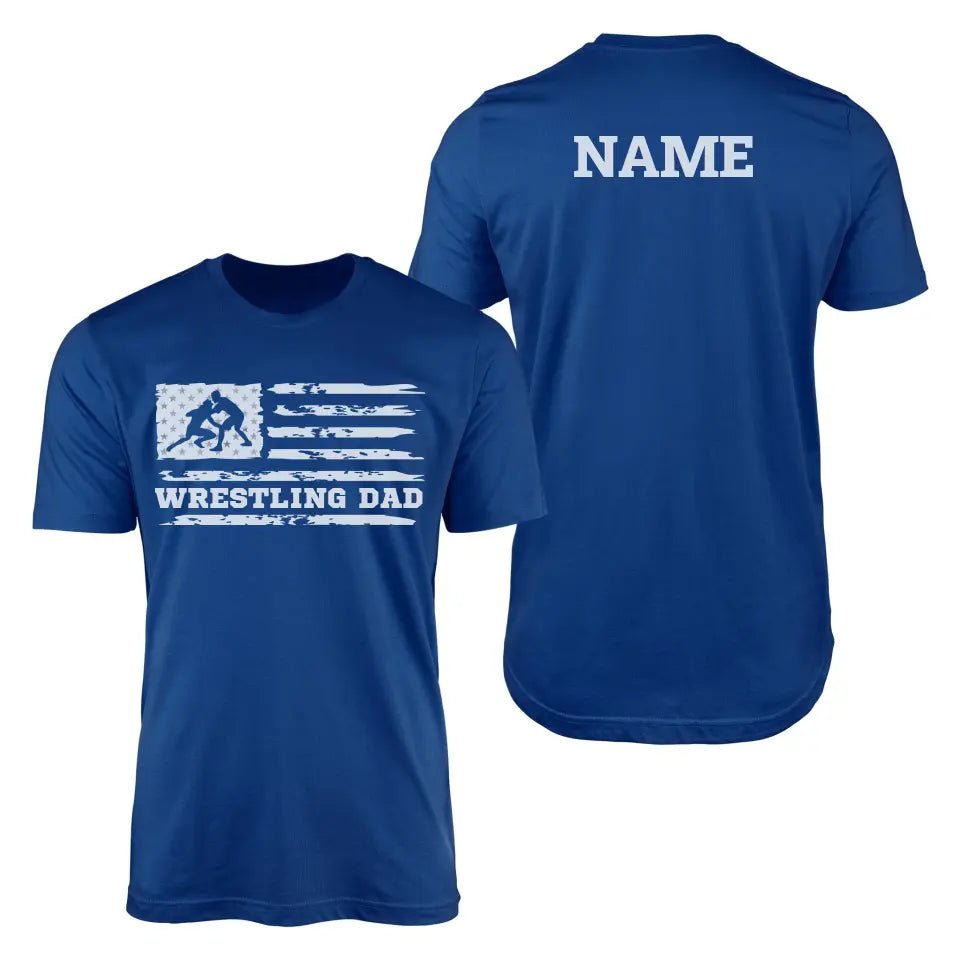Wrestling Dad Horizontal Flag With Wrestler Name on a Men's T-Shirt with a White Graphic