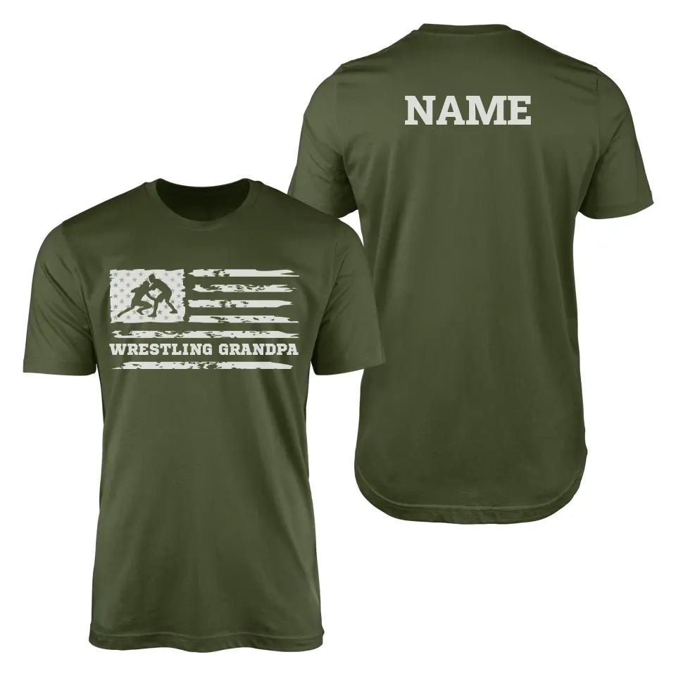 Wrestling Grandpa Horizontal Flag With Wrestler Name on a Men's T-Shirt with a White Graphic