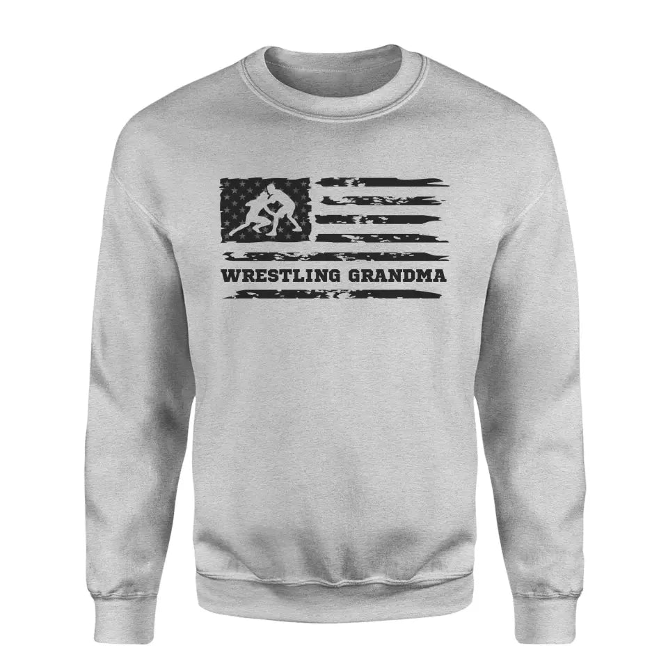 Wrestling Grandma Horizontal Flag on a Sweatshirt with a Black Graphic
