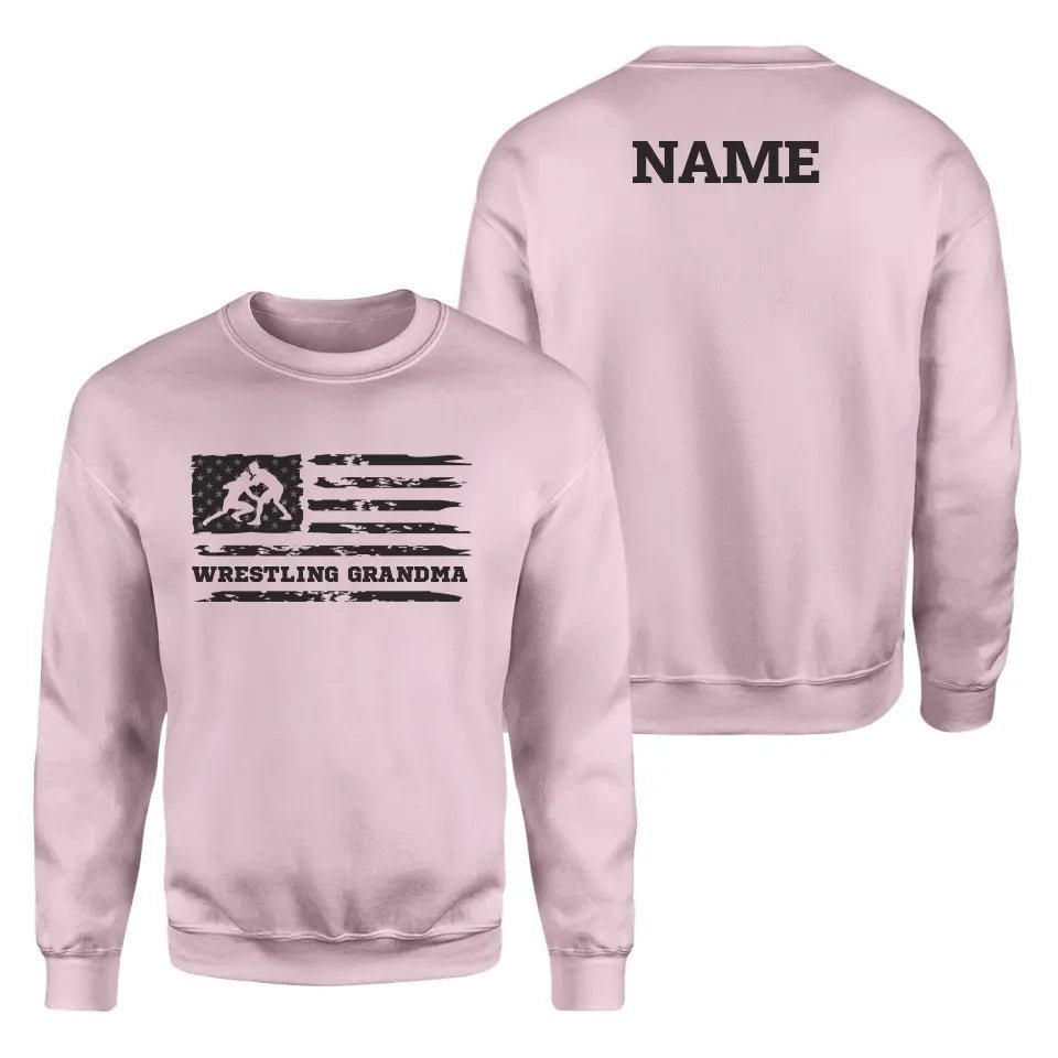 Wrestling Grandma Horizontal Flag With Wrestler Name on a Sweatshirt with a Black Graphic