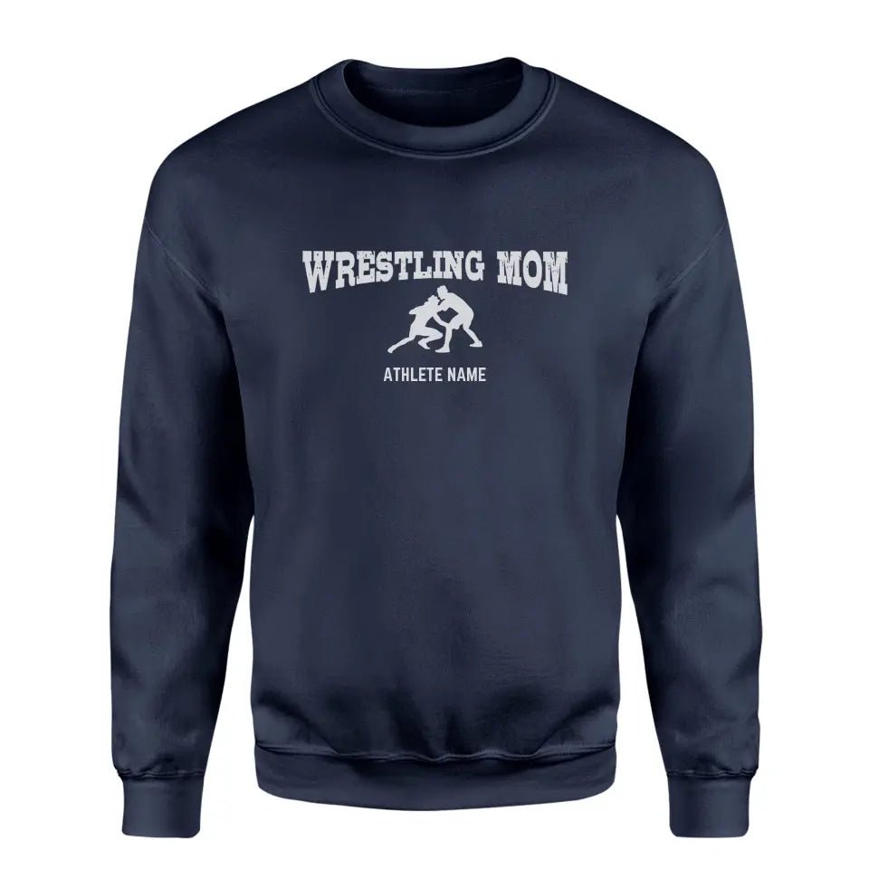 Wrestling Mom with Wrestler Icon and Wrestler Name on a Sweatshirt with a White Graphic