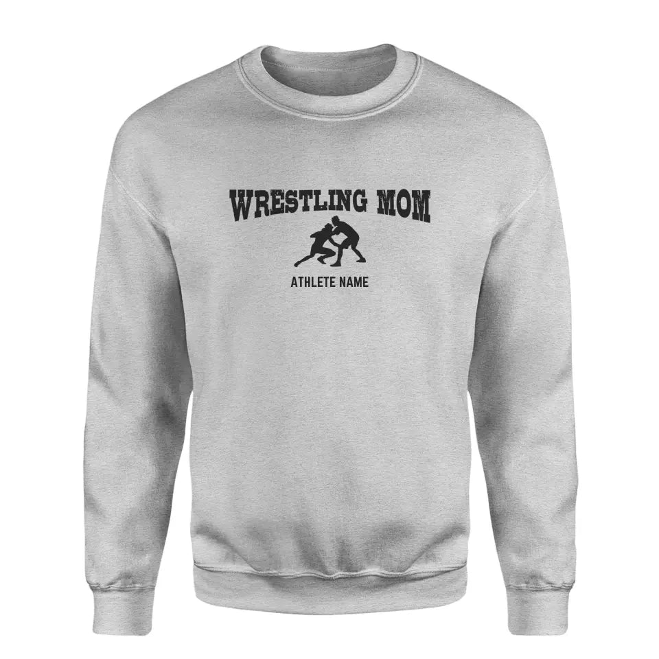 Wrestling Mom with Wrestler Icon and Wrestler Name on a Sweatshirt with a Black Graphic