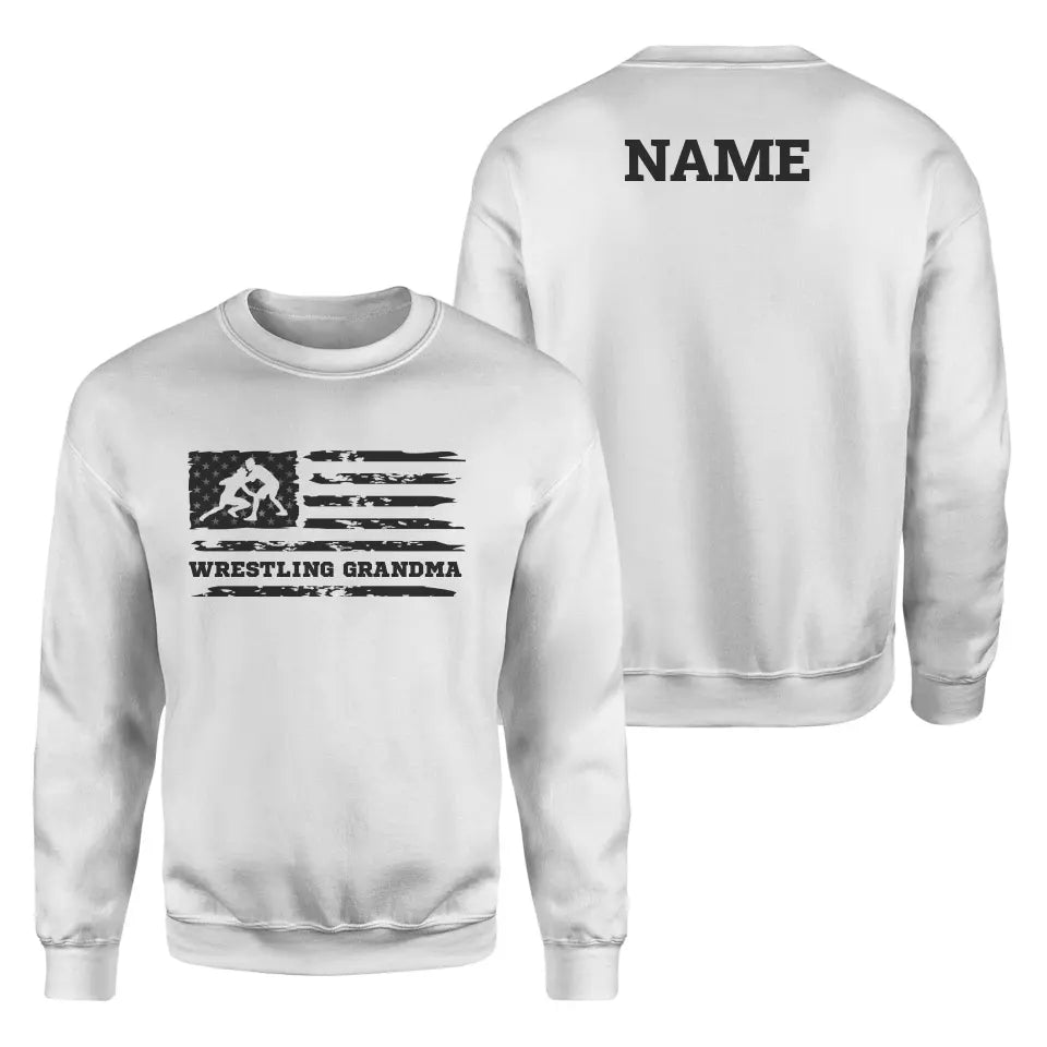 Wrestling Grandma Horizontal Flag With Wrestler Name on a Sweatshirt with a Black Graphic