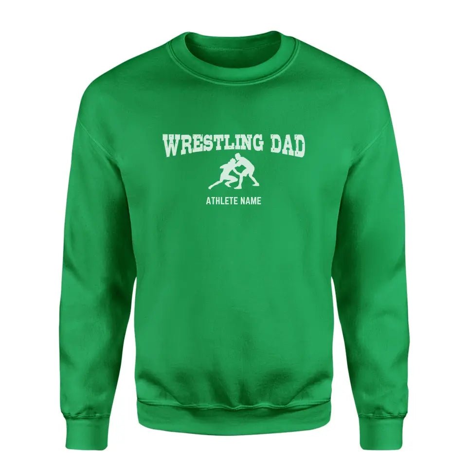 Wrestling Dad with Wrestler Icon and Wrestler Name on a Sweatshirt with a White Graphic