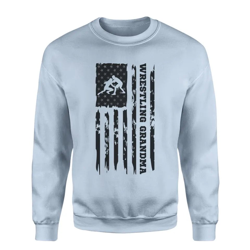 Wrestling Grandma Vertical Flag on a Sweatshirt with a Black Graphic