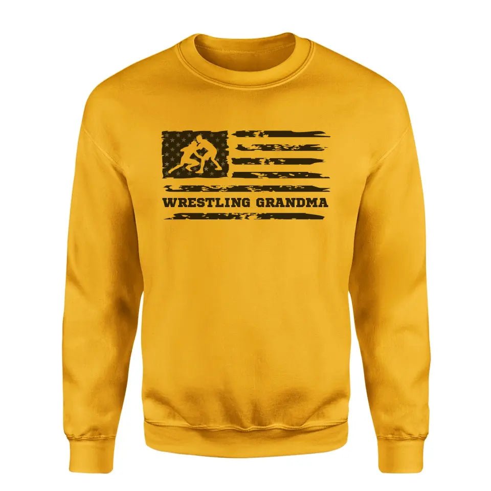 Wrestling Grandma Horizontal Flag on a Sweatshirt with a Black Graphic