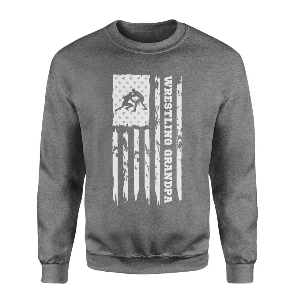 Wrestling Grandpa Vertical Flag on a Sweatshirt with a White Graphic