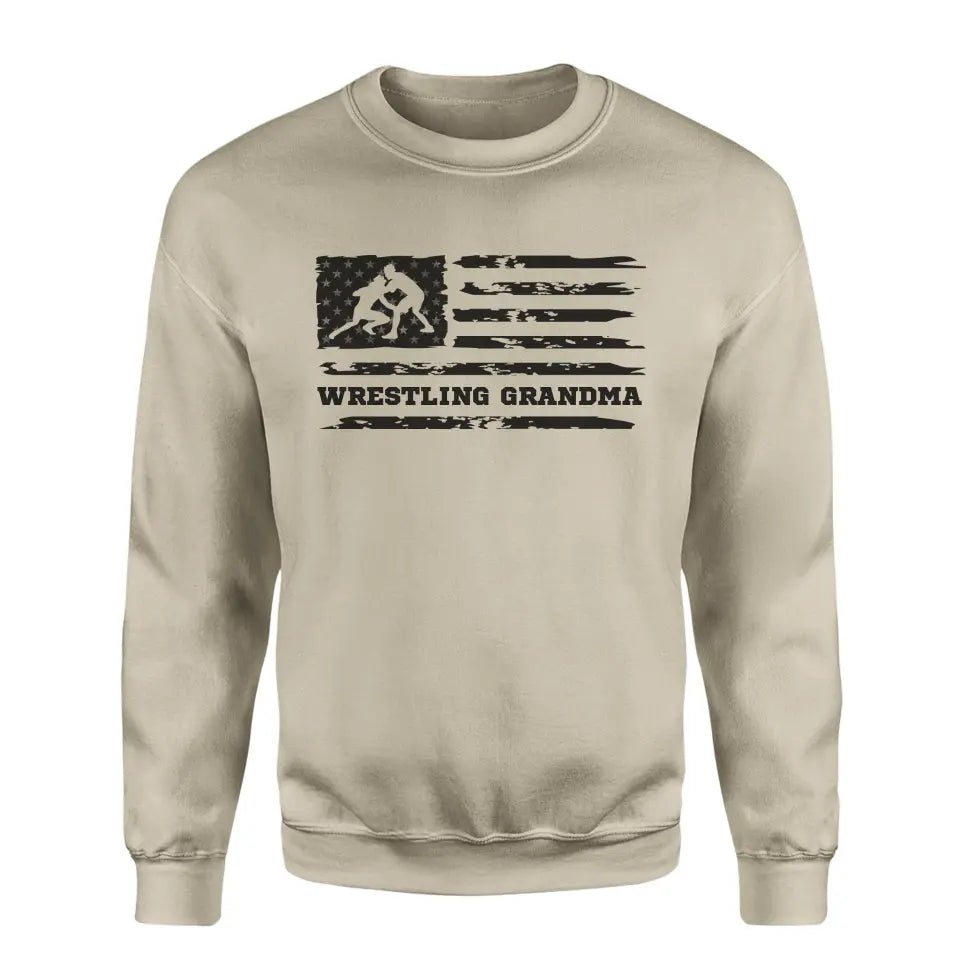 Wrestling Grandma Horizontal Flag on a Sweatshirt with a Black Graphic
