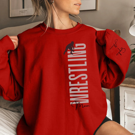 Personalized Wrestling Mom on a Sweatshirt With Mascot, Icon, and Wrestler Name on Sleeve on a Sweatshirt