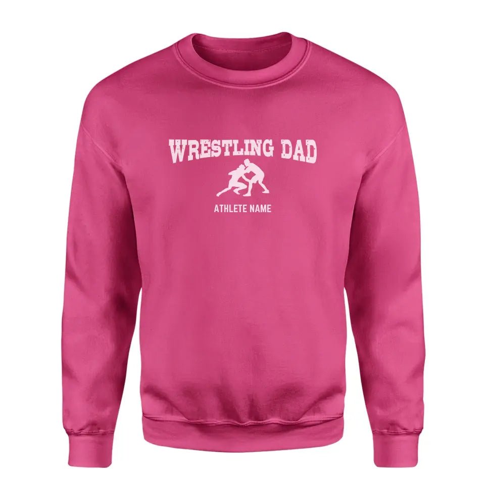 Wrestling Dad with Wrestler Icon and Wrestler Name on a Sweatshirt with a White Graphic