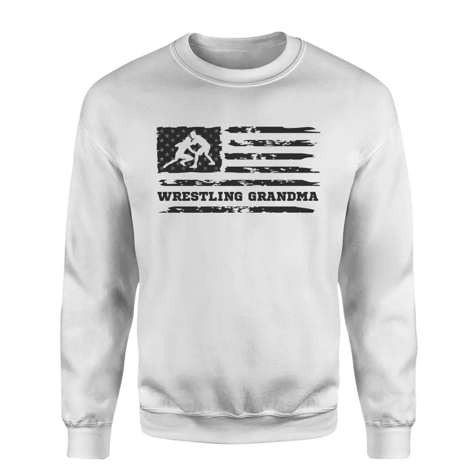 Wrestling Grandma Horizontal Flag on a Sweatshirt with a Black Graphic