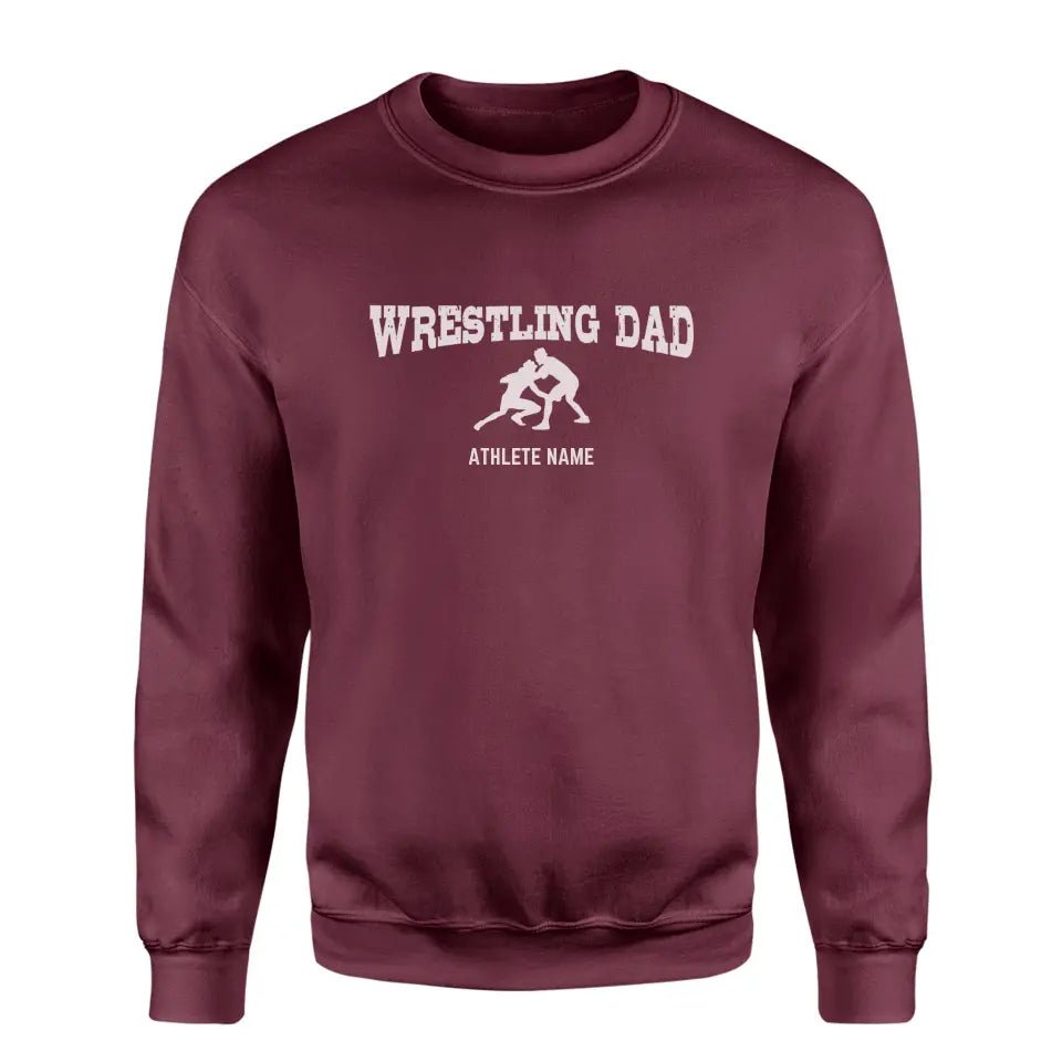Wrestling Dad with Wrestler Icon and Wrestler Name on a Sweatshirt with a White Graphic
