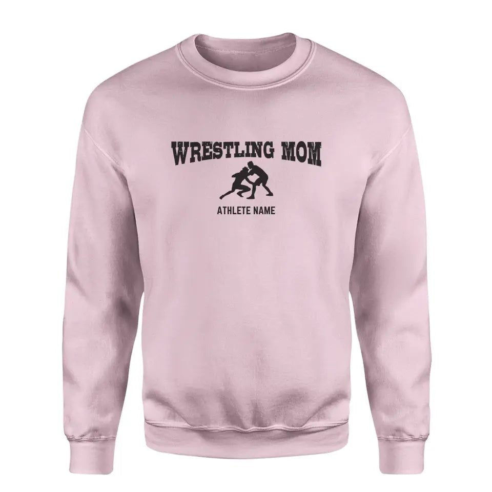 Wrestling Mom with Wrestler Icon and Wrestler Name on a Sweatshirt with a Black Graphic