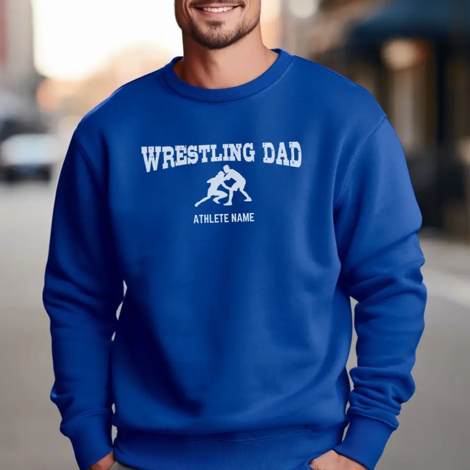 Wrestling Dad with Wrestler Icon and Wrestler Name on a Sweatshirt with a White Graphic