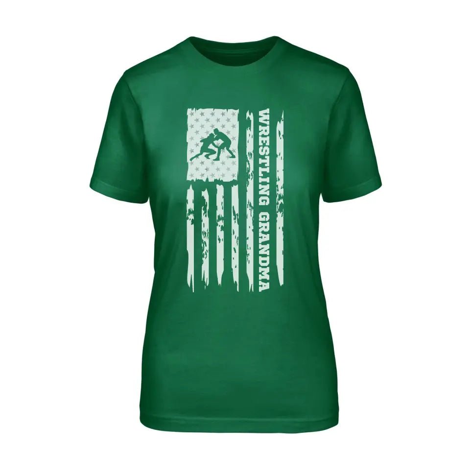 Wrestling Grandma Vertical Flag on a Unisex T-Shirt with a White Graphic