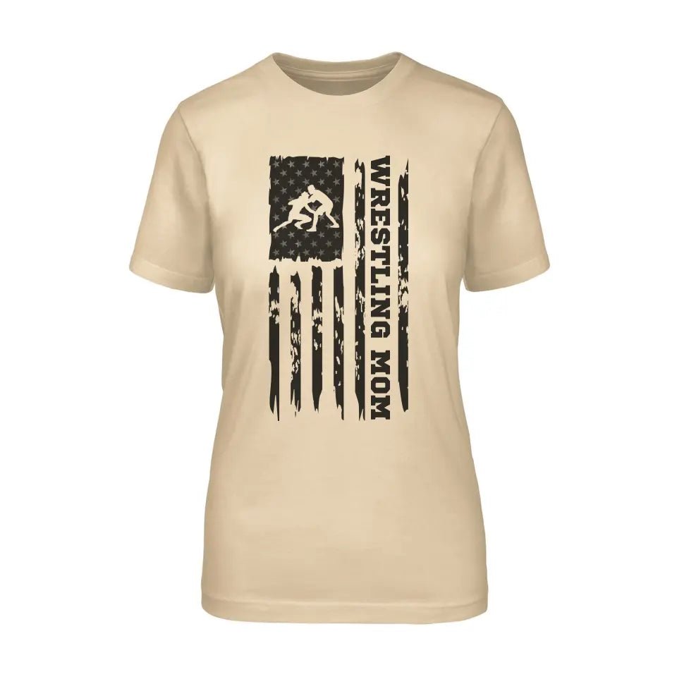 Wrestling Mom Vertical Flag on a Unisex T-Shirt with a Black Graphic