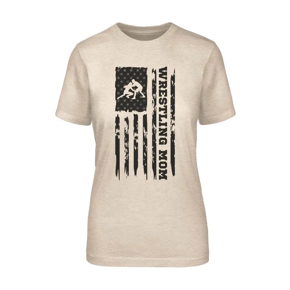 Wrestling Mom Vertical Flag on a Unisex T-Shirt with a Black Graphic