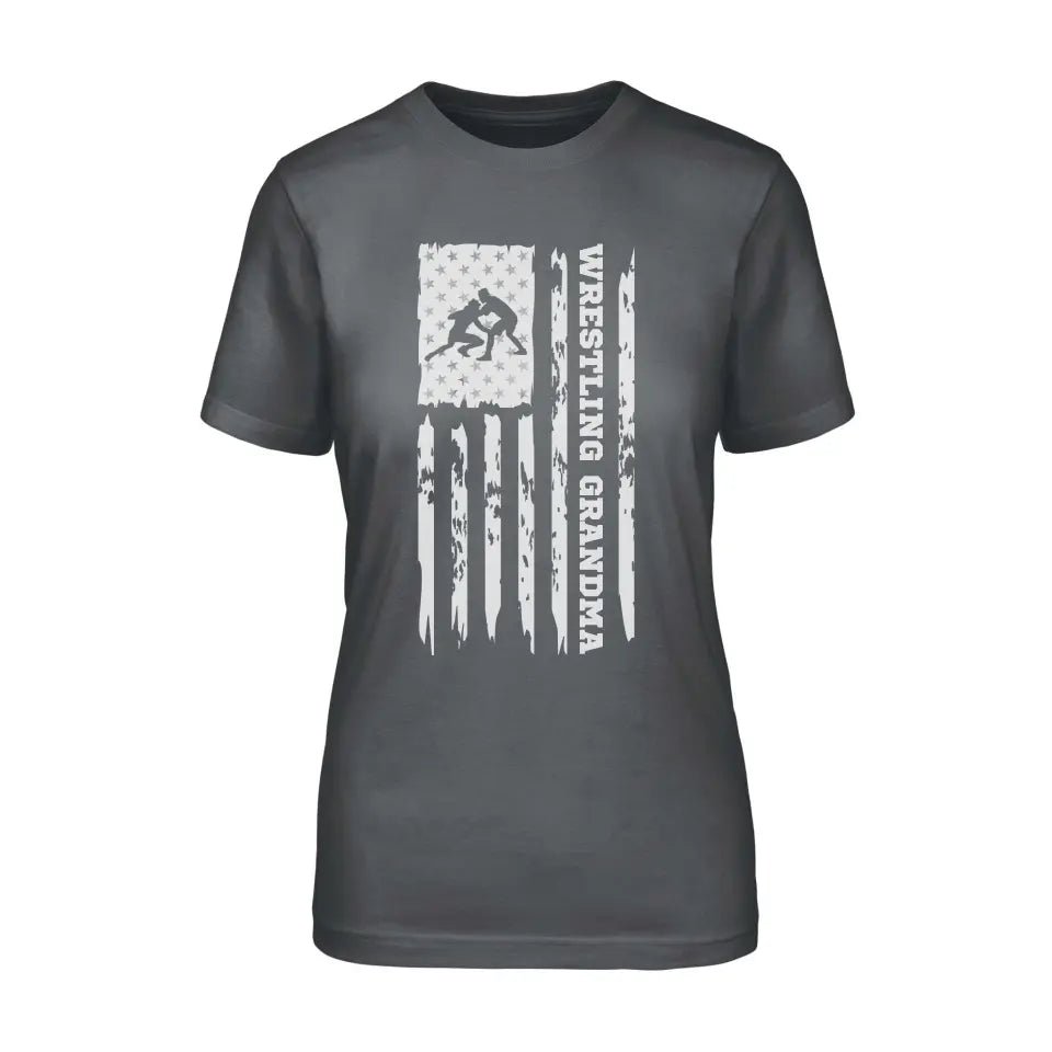 Wrestling Grandma Vertical Flag on a Unisex T-Shirt with a White Graphic