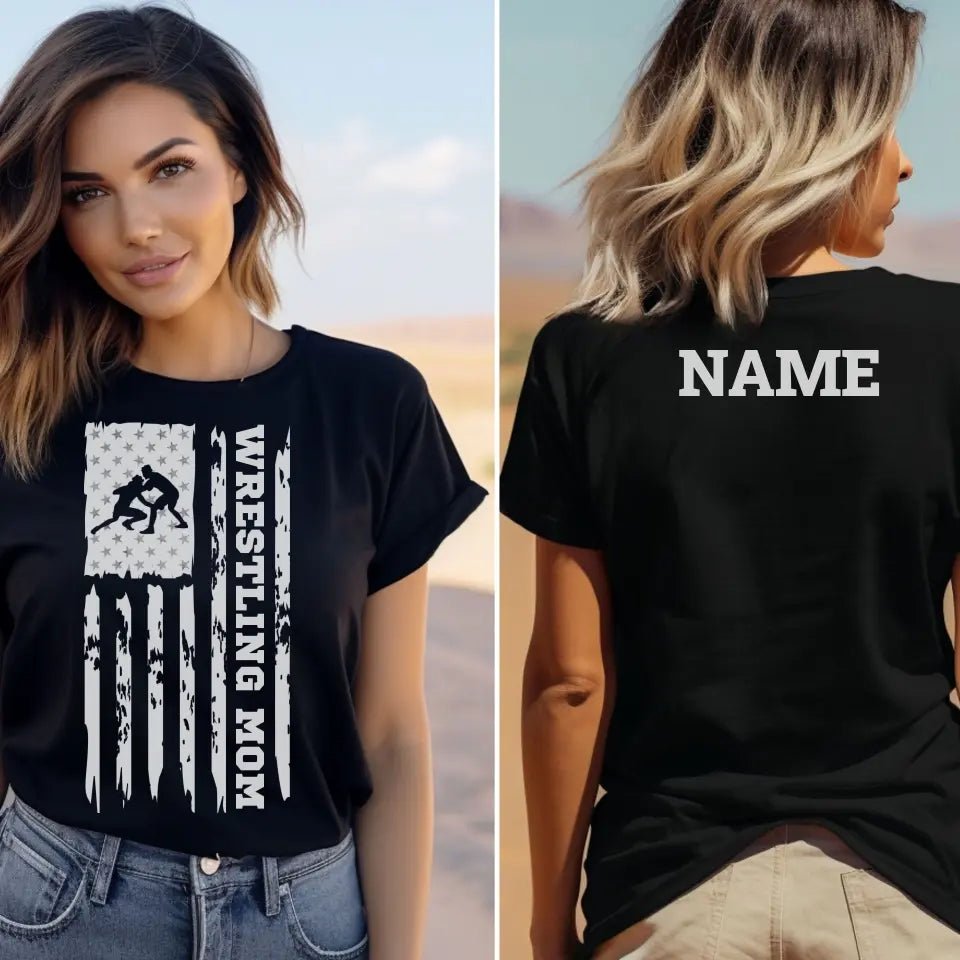 Wrestling Mom Vertical Flag With Wrestler Name on a Unisex T-Shirt with a White Graphic