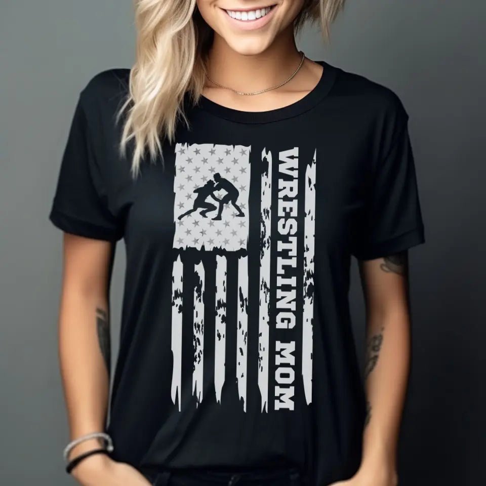 Wrestling Mom Vertical Flag on a Unisex T-Shirt with a White Graphic