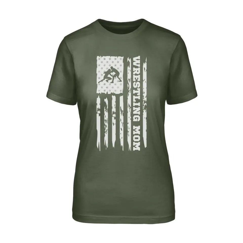 Wrestling Mom Vertical Flag on a Unisex T-Shirt with a White Graphic