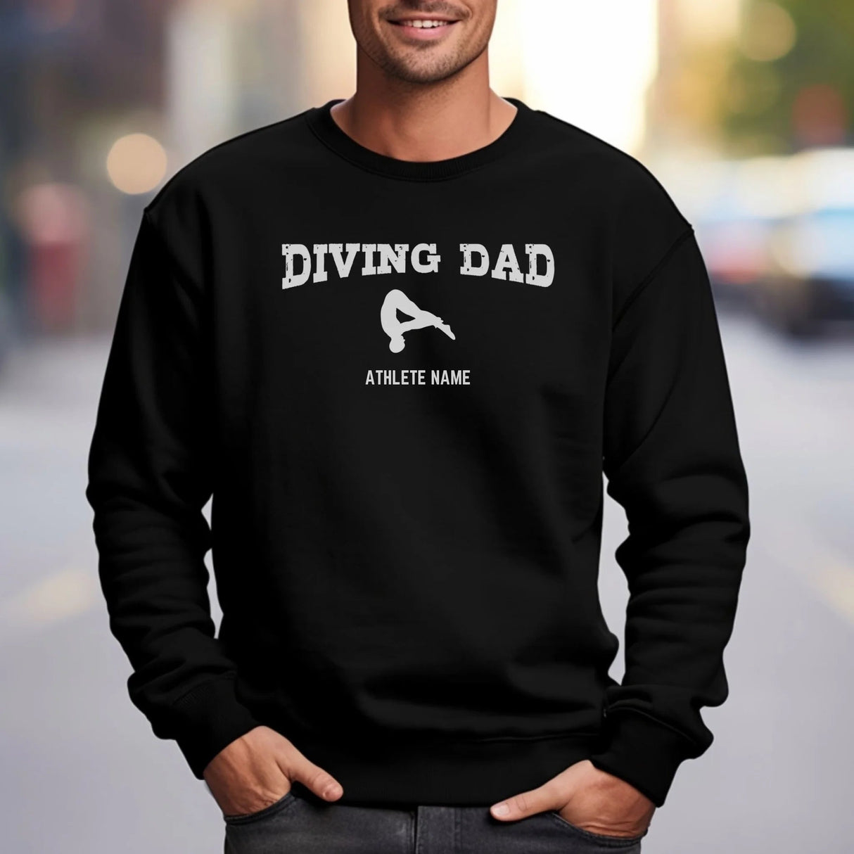 Diving Dad with Diver Icon and Diver Name on a Sweatshirt with a White Graphic