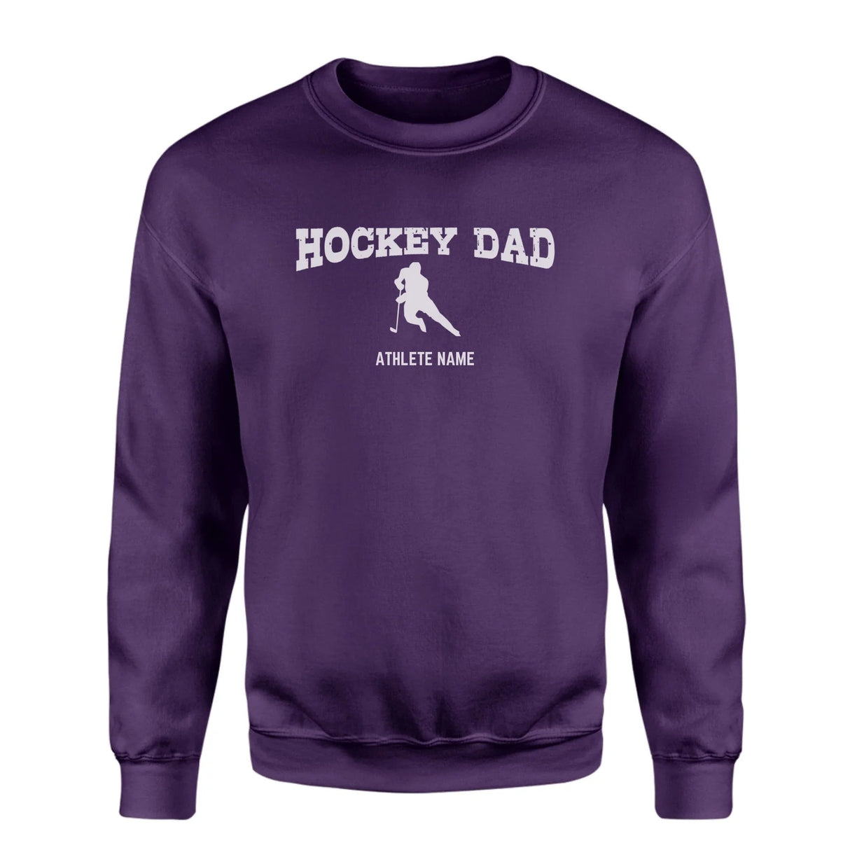 Hockey Dad with Hockey Player Icon and Hockey Player Name on a Sweatshirt with a White Graphic