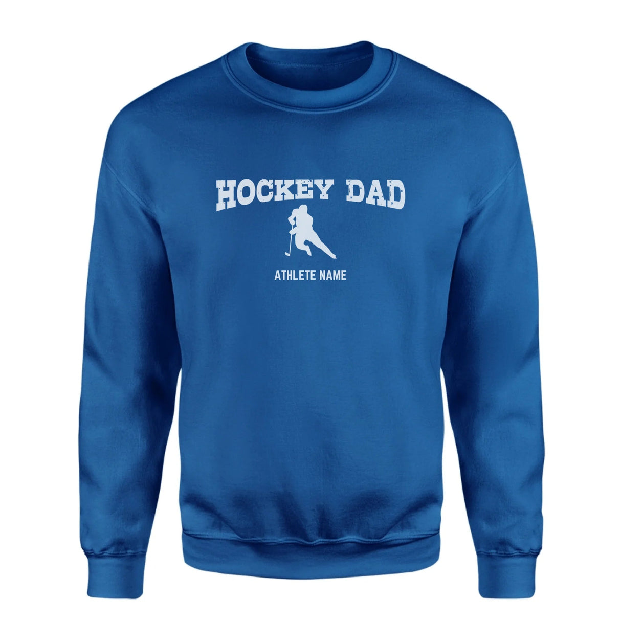 Hockey Dad with Hockey Player Icon and Hockey Player Name on a Sweatshirt with a White Graphic