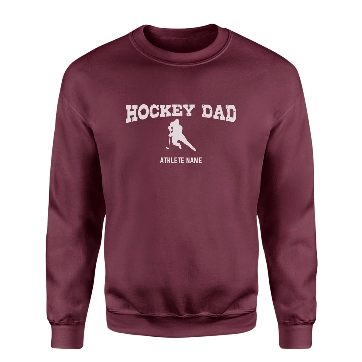 Hockey Dad with Hockey Player Icon and Hockey Player Name on a Sweatshirt with a White Graphic