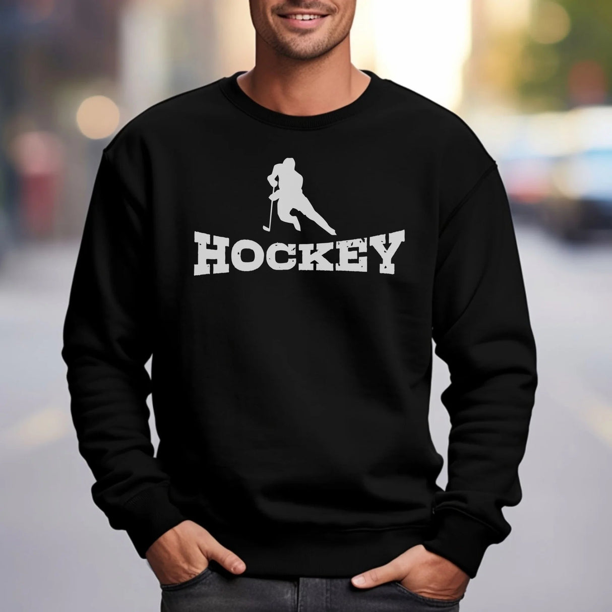 Basic Hockey with Hockey Player Icon on a Sweatshirt with a White Graphic