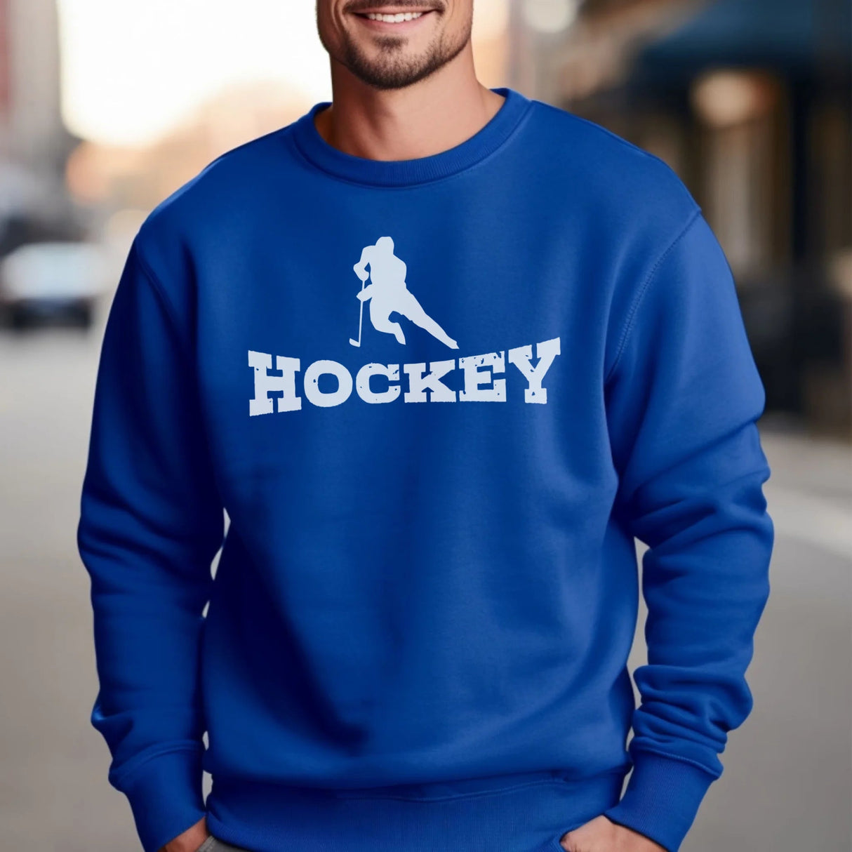 Basic Hockey with Hockey Player Icon on a Sweatshirt with a White Graphic