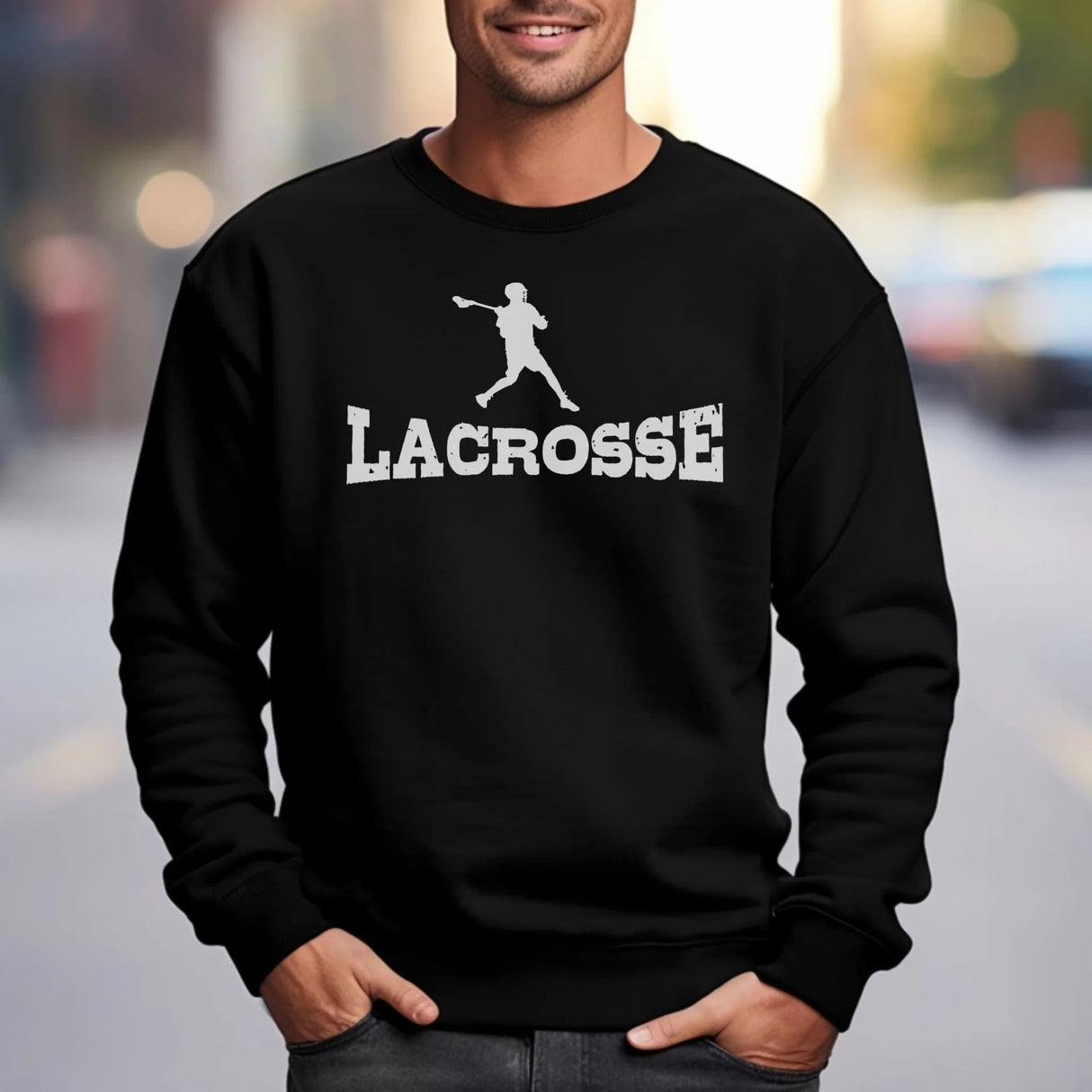 Basic Lacrosse with Lacrosse Player Icon on a Sweatshirt with a White Graphic