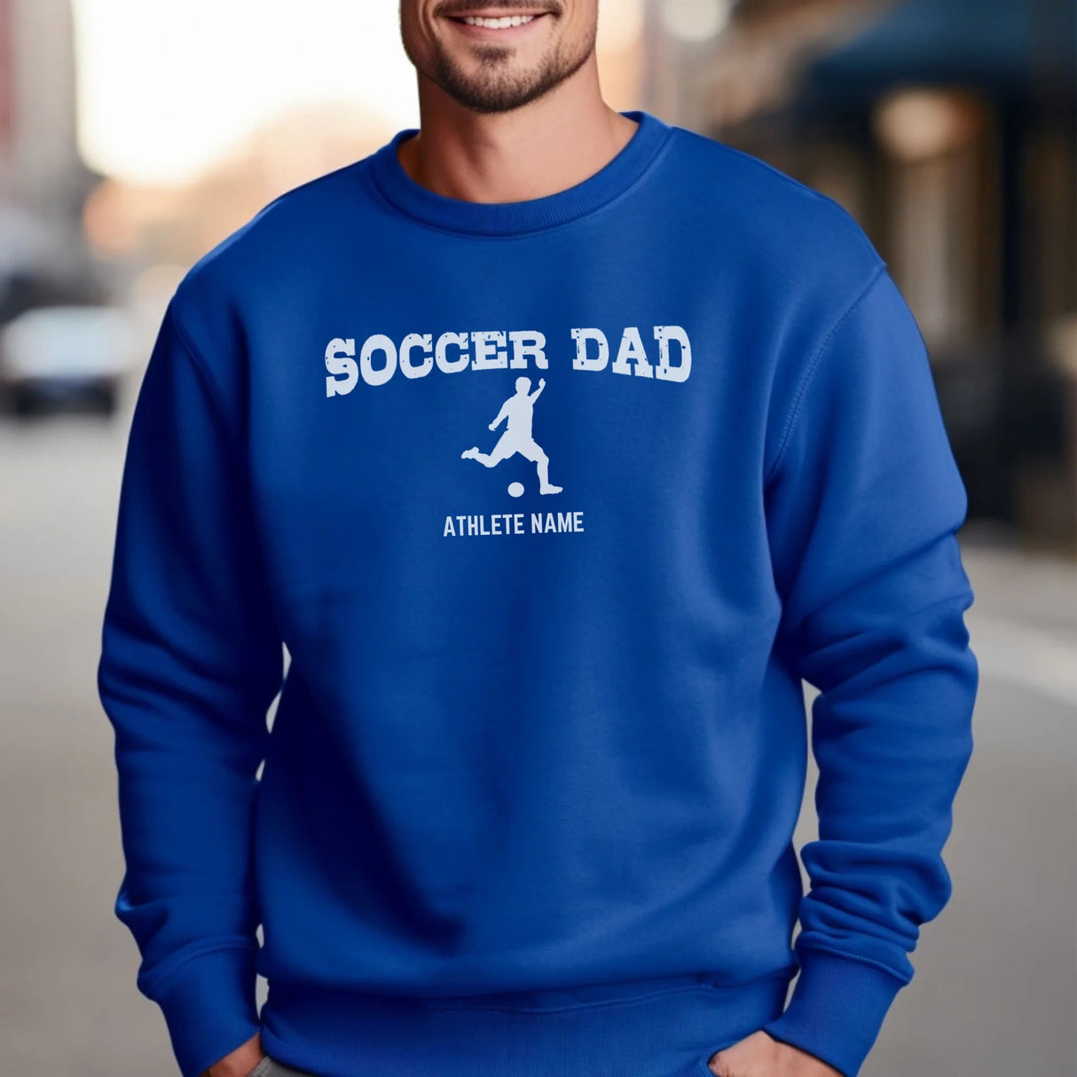 Soccer Dad with Soccer Player Icon and Soccer Player Name on a Sweatshirt with a White Graphic