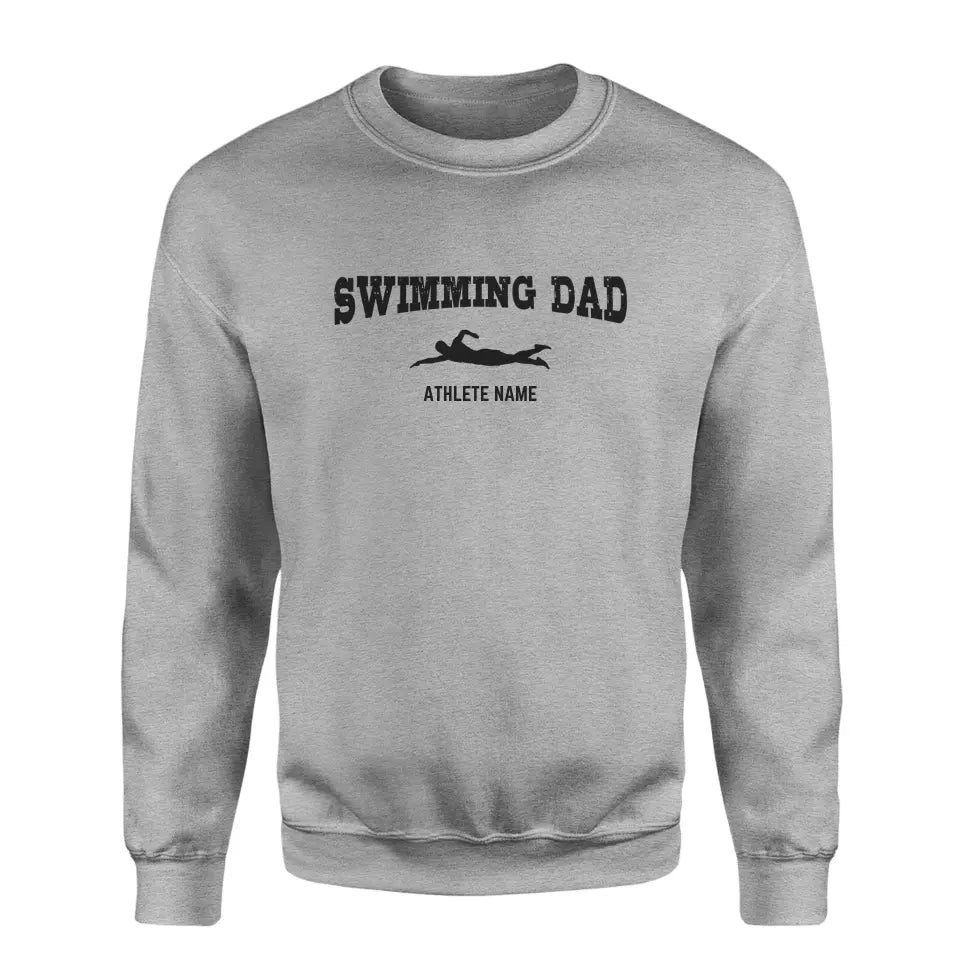 Swimming Dad with Swimmer Icon and Swimmer Name on a Sweatshirt with a Black Graphic