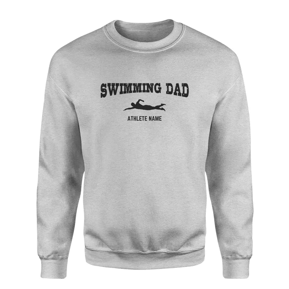 Swimming Dad with Swimmer Icon and Swimmer Name on a Sweatshirt with a Black Graphic