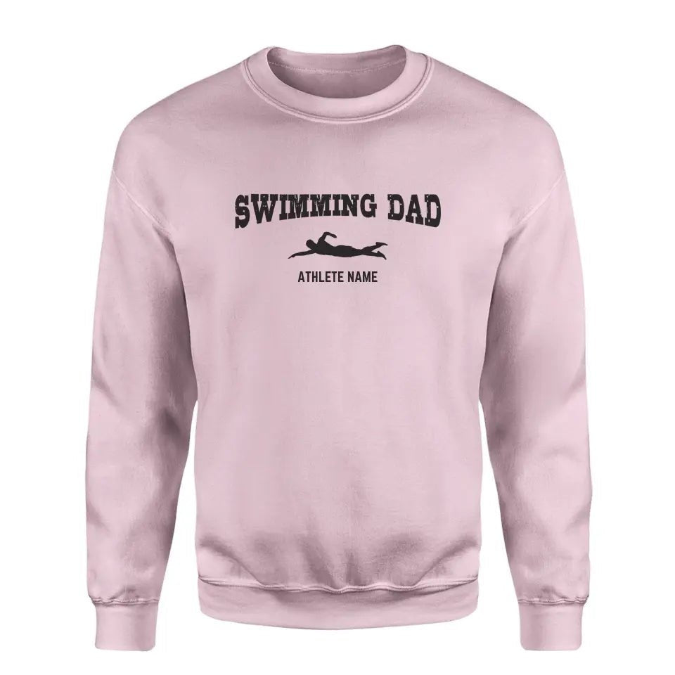 Swimming Dad with Swimmer Icon and Swimmer Name on a Sweatshirt with a Black Graphic