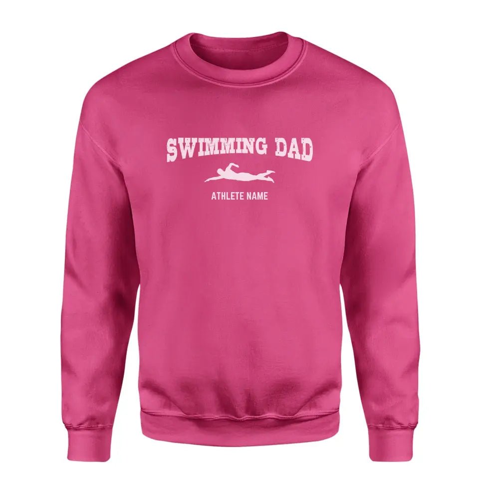Swimming Dad with Swimmer Icon and Swimmer Name on a Sweatshirt with a White Graphic