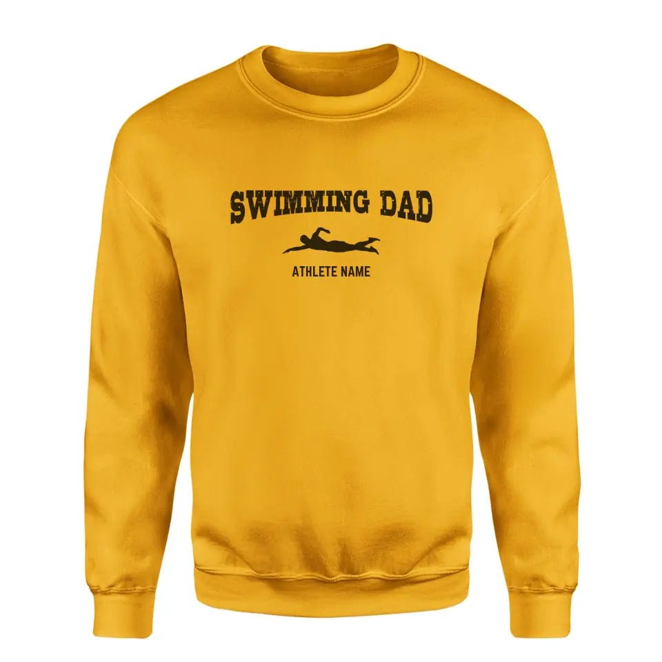 Swimming Dad with Swimmer Icon and Swimmer Name on a Sweatshirt with a Black Graphic